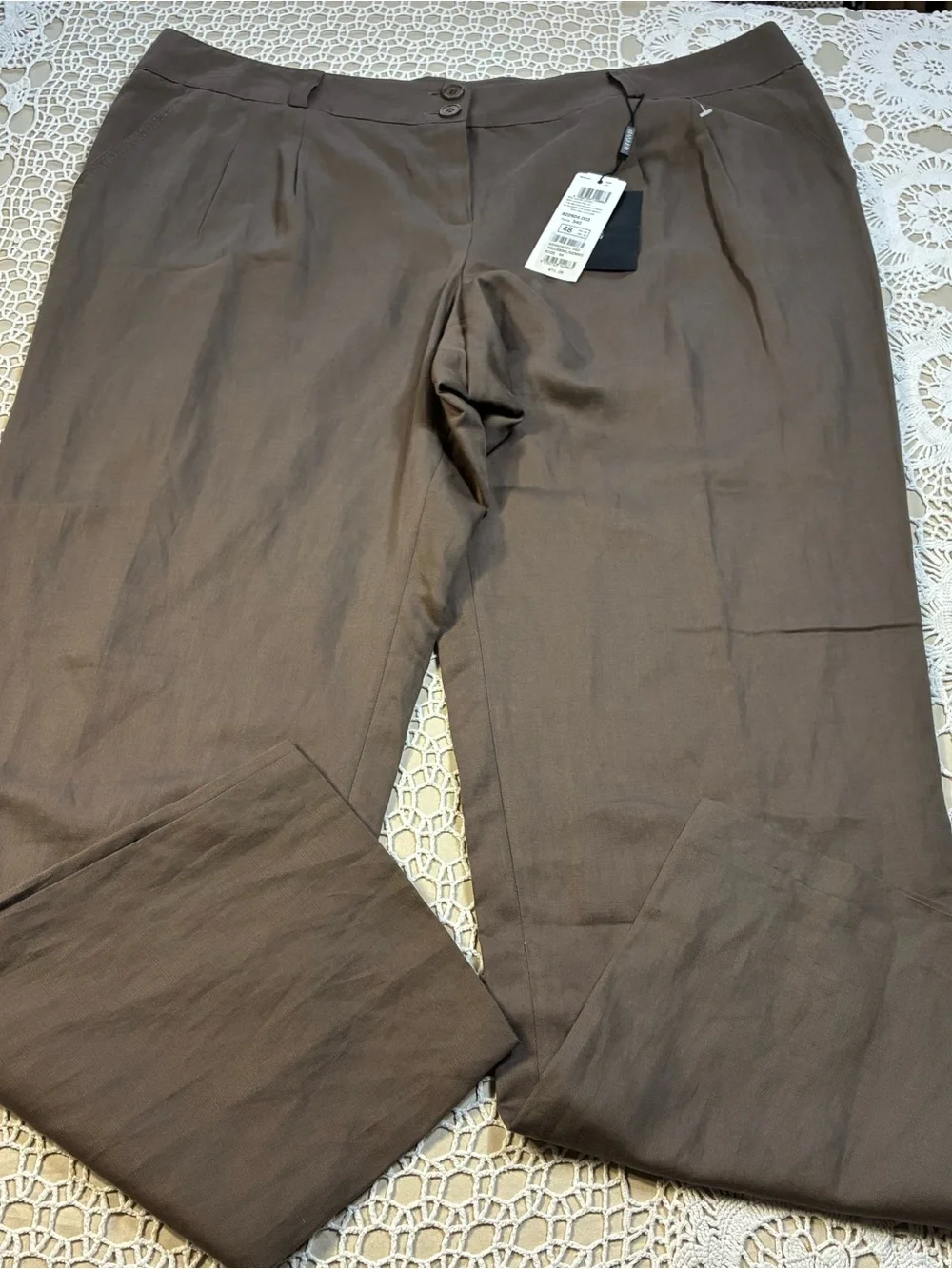 Basler Black Label Womens Linen Lyocell Pants Brown Pleated Dress EU 48 US 18